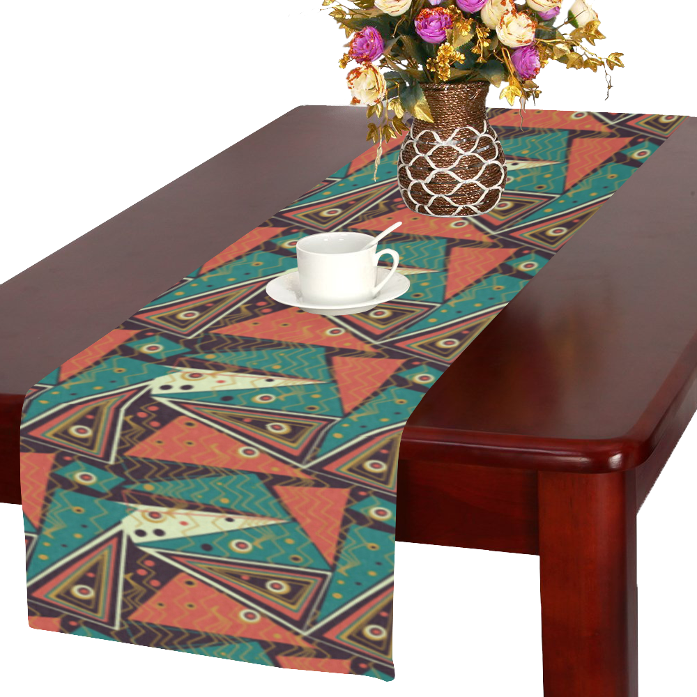 Red Black Teal Triangle Pattern Table Runner 16x72 inch
