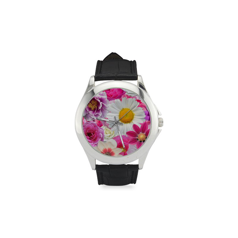Pink flowers_ Gloria Sanchez1 Women's Classic Leather Strap Watch(Model 203)