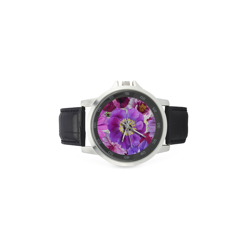 Purple flowers_ Gloria Sanchez1 Unisex Stainless Steel Leather Strap Watch(Model 202)
