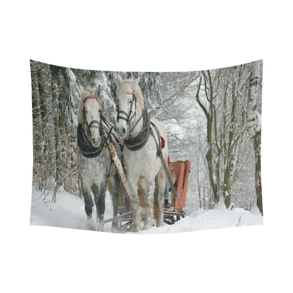 Wintertime Sleigh Ride Cotton Linen Wall Tapestry 80"x 60"