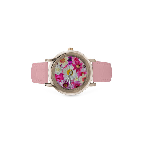 Pink flowers_ Gloria Sanchez1 Women's Rose Gold Leather Strap Watch(Model 201)