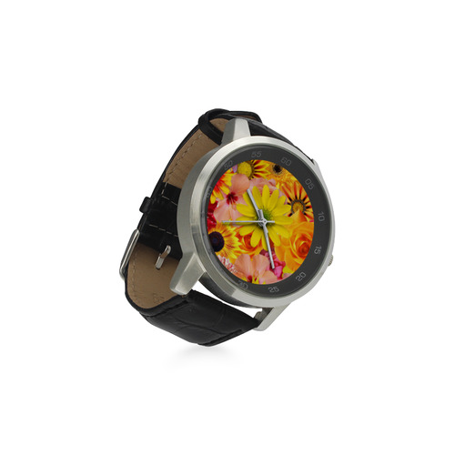 Orange flowers_ Gloria Sanchez1 Unisex Stainless Steel Leather Strap Watch(Model 202)