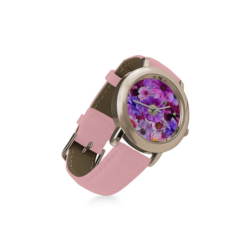 Purple flowers_ Gloria Sanchez1 Women's Rose Gold Leather Strap Watch(Model 201)