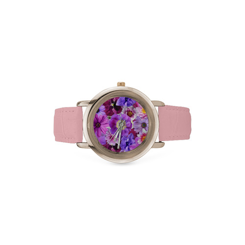 Purple flowers_ Gloria Sanchez1 Women's Rose Gold Leather Strap Watch(Model 201)