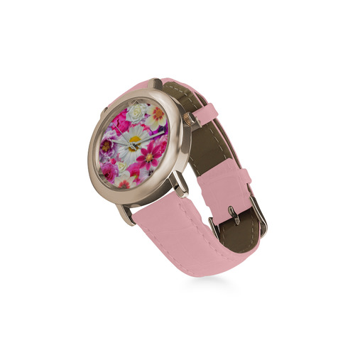 Pink flowers_ Gloria Sanchez1 Women's Rose Gold Leather Strap Watch(Model 201)