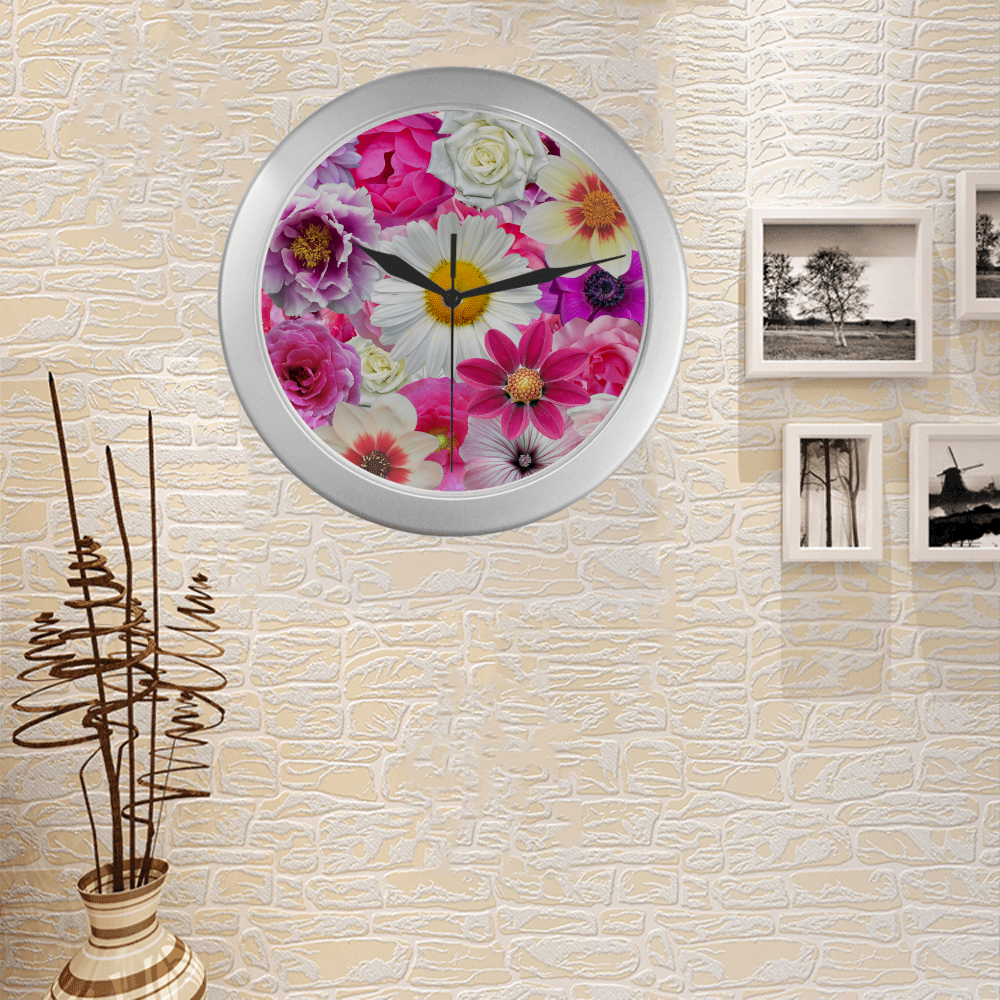 Pink flowers_ Gloria Sanchez1 Silver Color Wall Clock