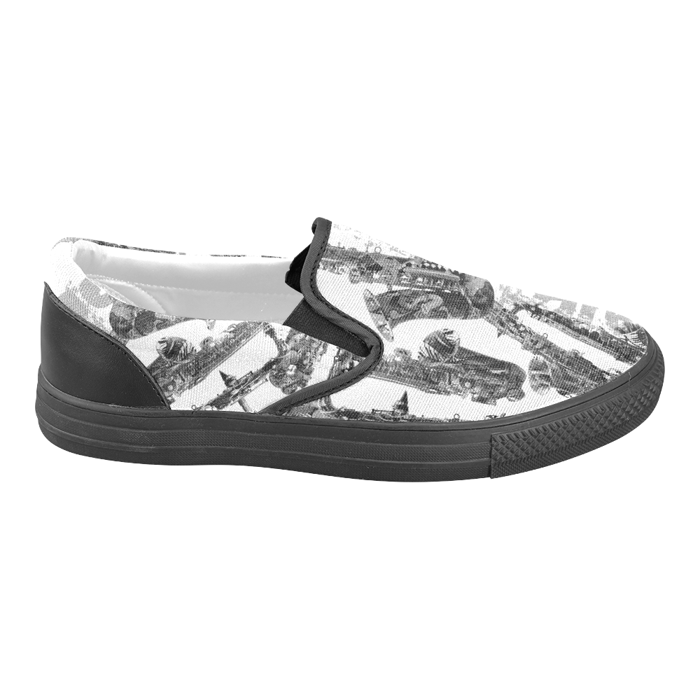 Saxophone Sneakers Black and White Music Print Slip-on Canvas Shoes for Men/Large Size (Model 019)