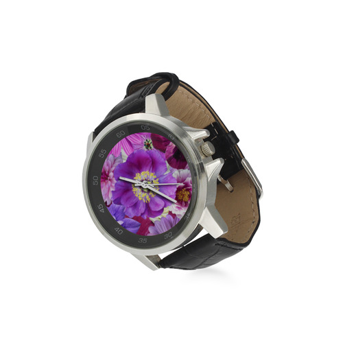 Purple flowers_ Gloria Sanchez1 Unisex Stainless Steel Leather Strap Watch(Model 202)