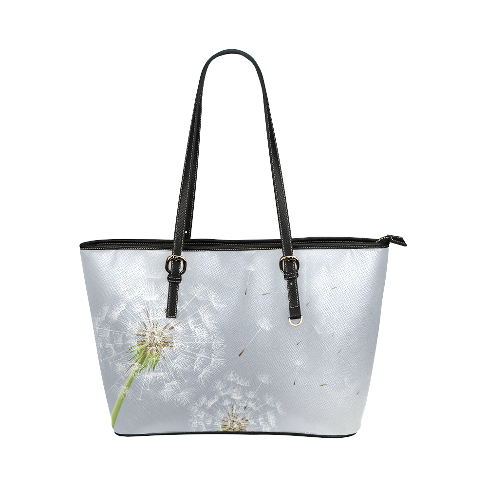 Beautiful White Dandelion Flower Floral Leather Tote Bag/Large (Model 1651)