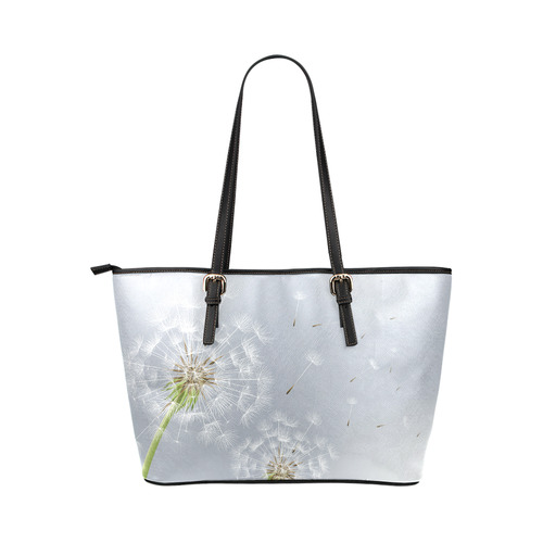 Beautiful White Dandelion Flower Floral Leather Tote Bag/Large (Model 1651)