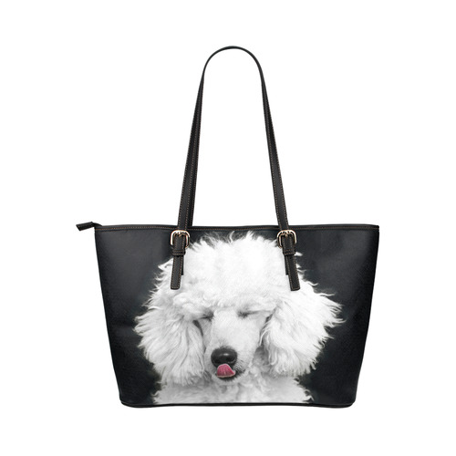 Silly White Poodle Leather Tote Bag/Large (Model 1651)