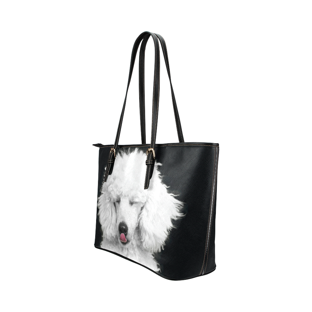 Silly White Poodle Leather Tote Bag/Large (Model 1651)