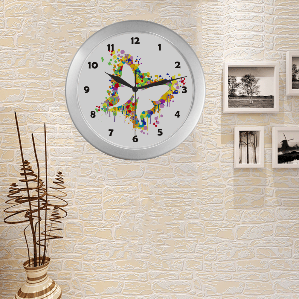 Dancing Butterfly Splash Silver Color Wall Clock