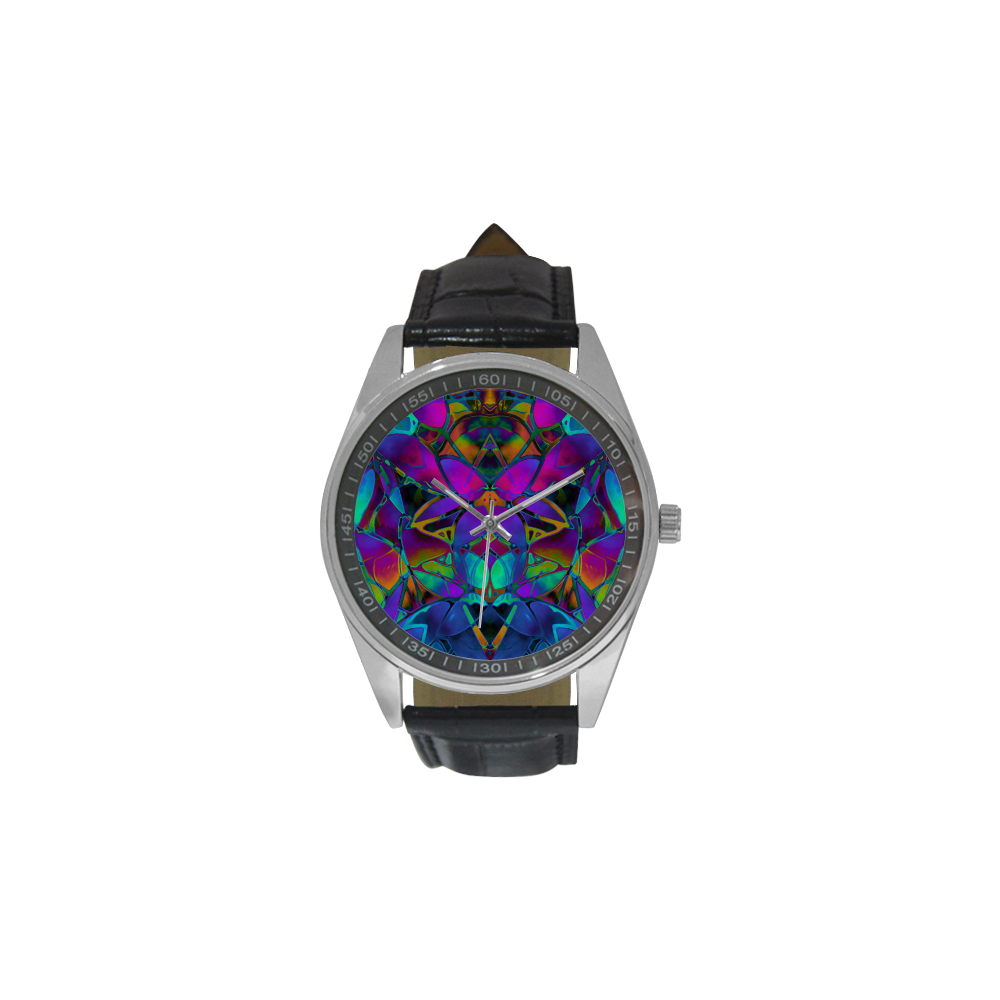 Floral Fractal Art G308 Men's Casual Leather Strap Watch(Model 211)