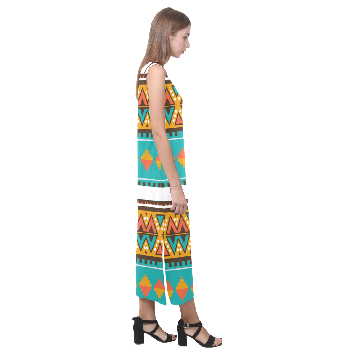 Tribal design in retro colors Phaedra Sleeveless Open Fork Long Dress (Model D08)