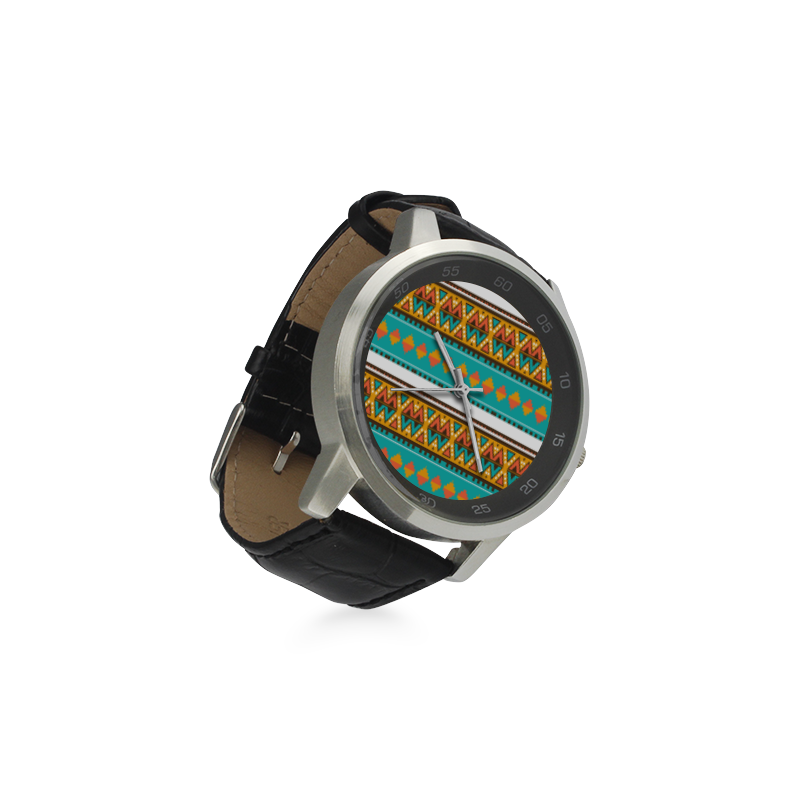 Tribal design in retro colors Unisex Stainless Steel Leather Strap Watch(Model 202)