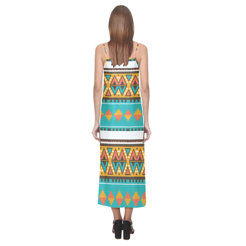 Tribal design in retro colors V-Neck Open Fork Long Dress(Model D18)