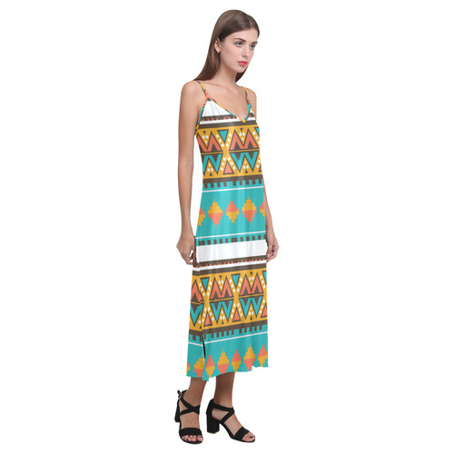 Tribal design in retro colors V-Neck Open Fork Long Dress(Model D18)