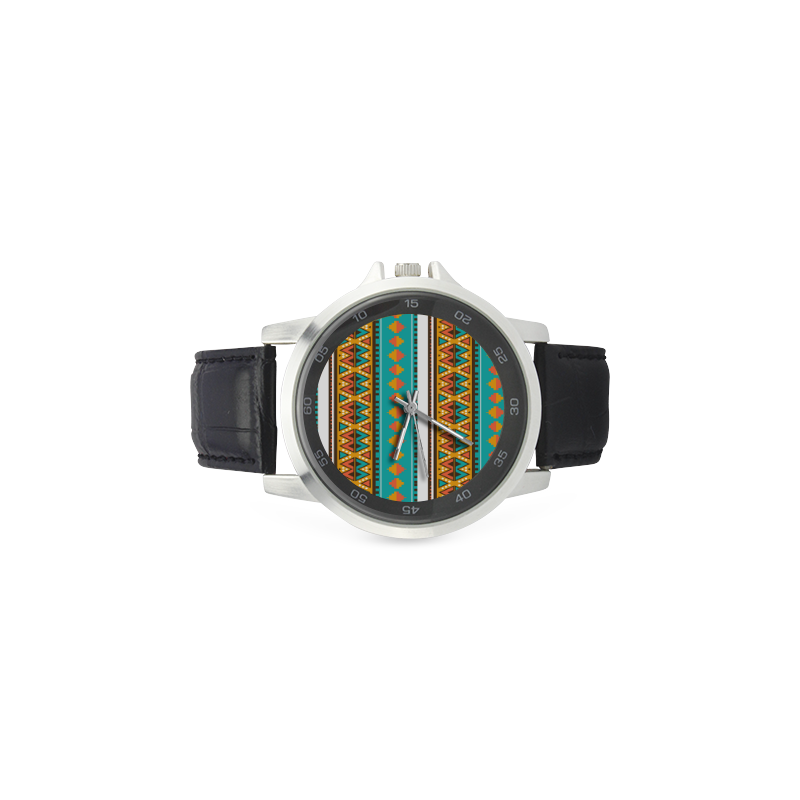 Tribal design in retro colors Unisex Stainless Steel Leather Strap Watch(Model 202)
