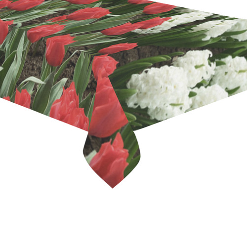 Red Tulips White Hyacinth Floral Cotton Linen Tablecloth 60"x120"