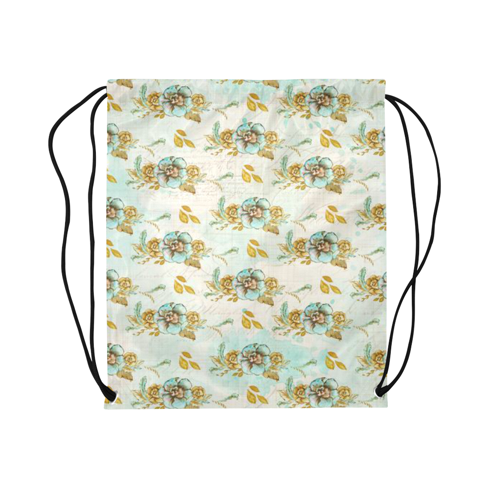 watercolor flowers mint gold Large Drawstring Bag Model 1604 (Twin Sides)  16.5"(W) * 19.3"(H)