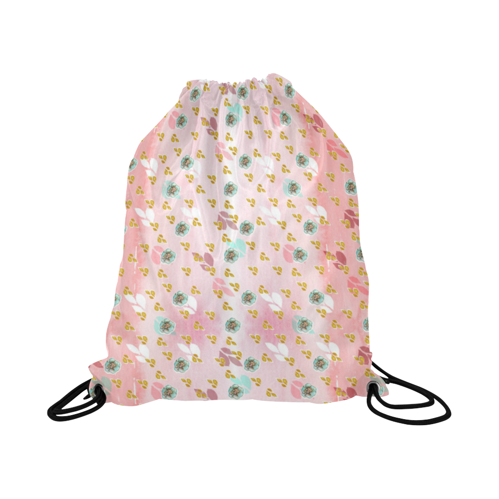 watercolor flowers pink gold Large Drawstring Bag Model 1604 (Twin Sides)  16.5"(W) * 19.3"(H)