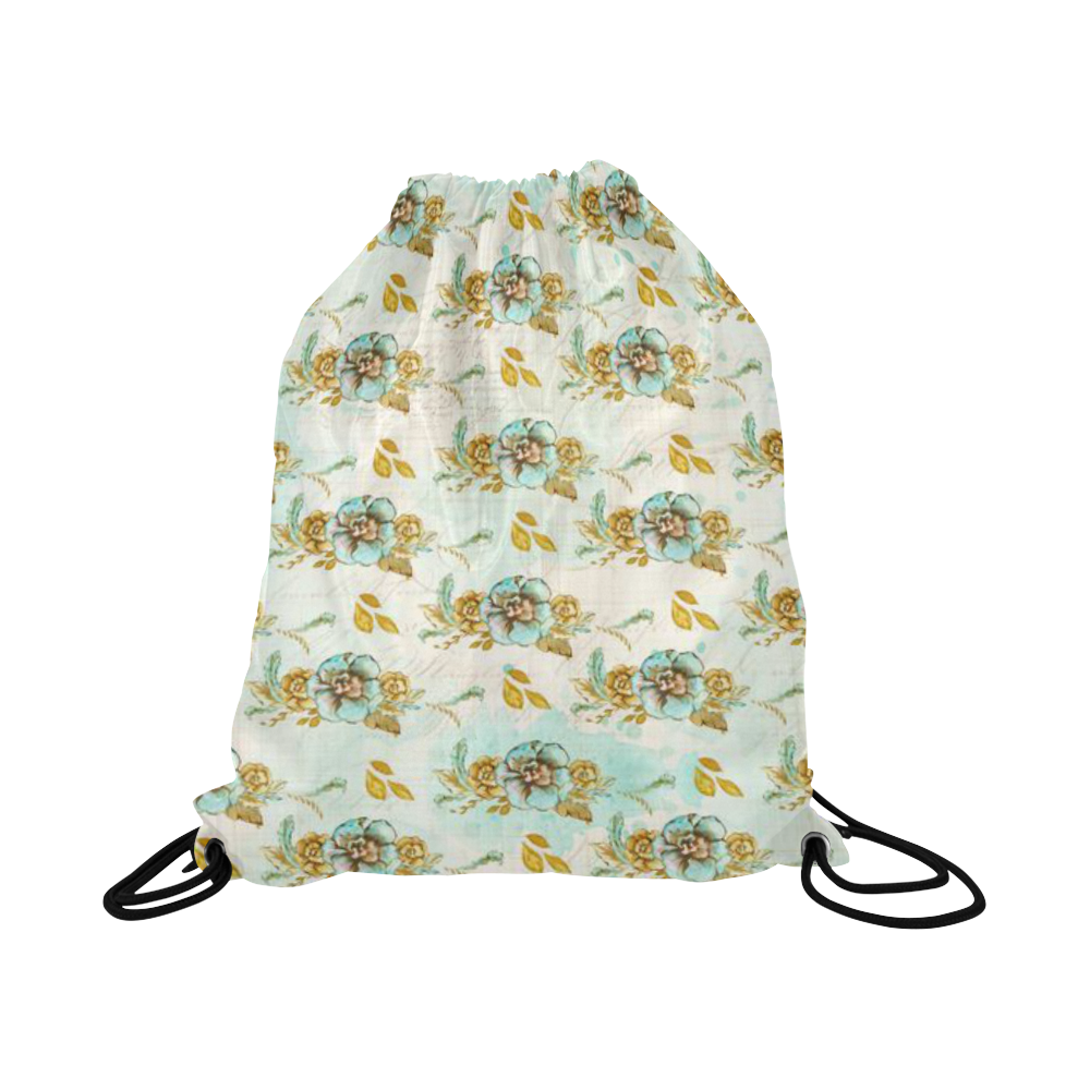 watercolor flowers mint gold Large Drawstring Bag Model 1604 (Twin Sides)  16.5"(W) * 19.3"(H)
