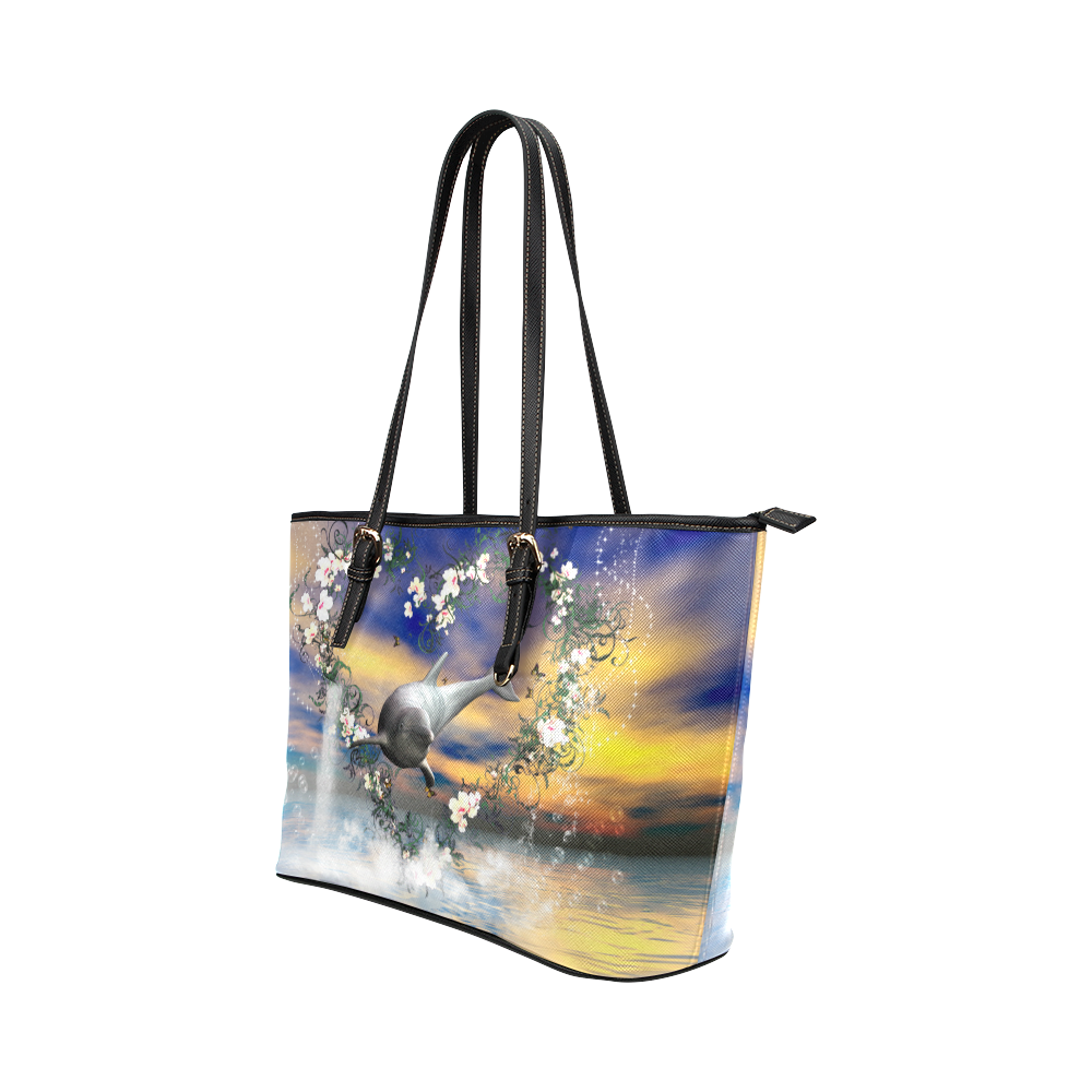 Dolphin jumping by a heart Leather Tote Bag/Small (Model 1651)