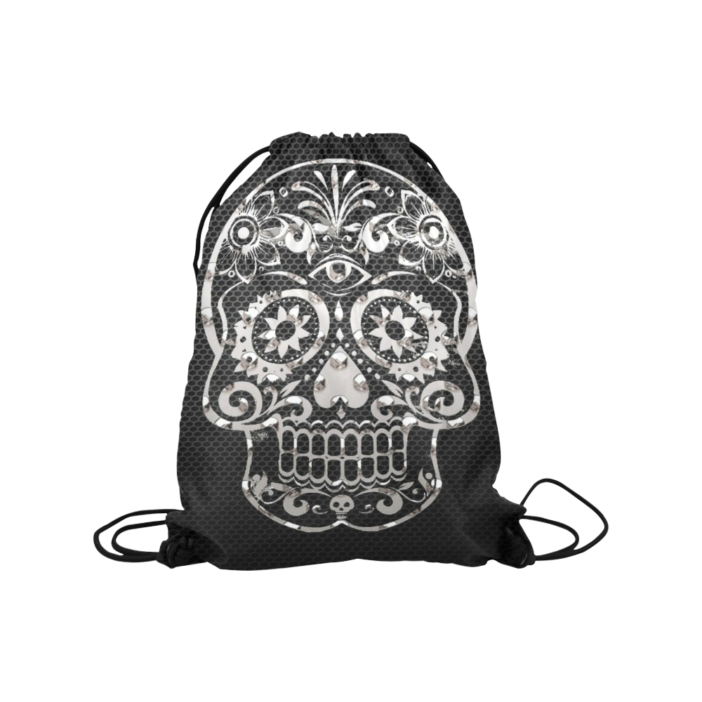 Skull, black silver metal Medium Drawstring Bag Model 1604 (Twin Sides) 13.8"(W) * 18.1"(H)