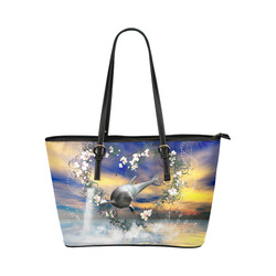 Dolphin jumping by a heart Leather Tote Bag/Small (Model 1651)