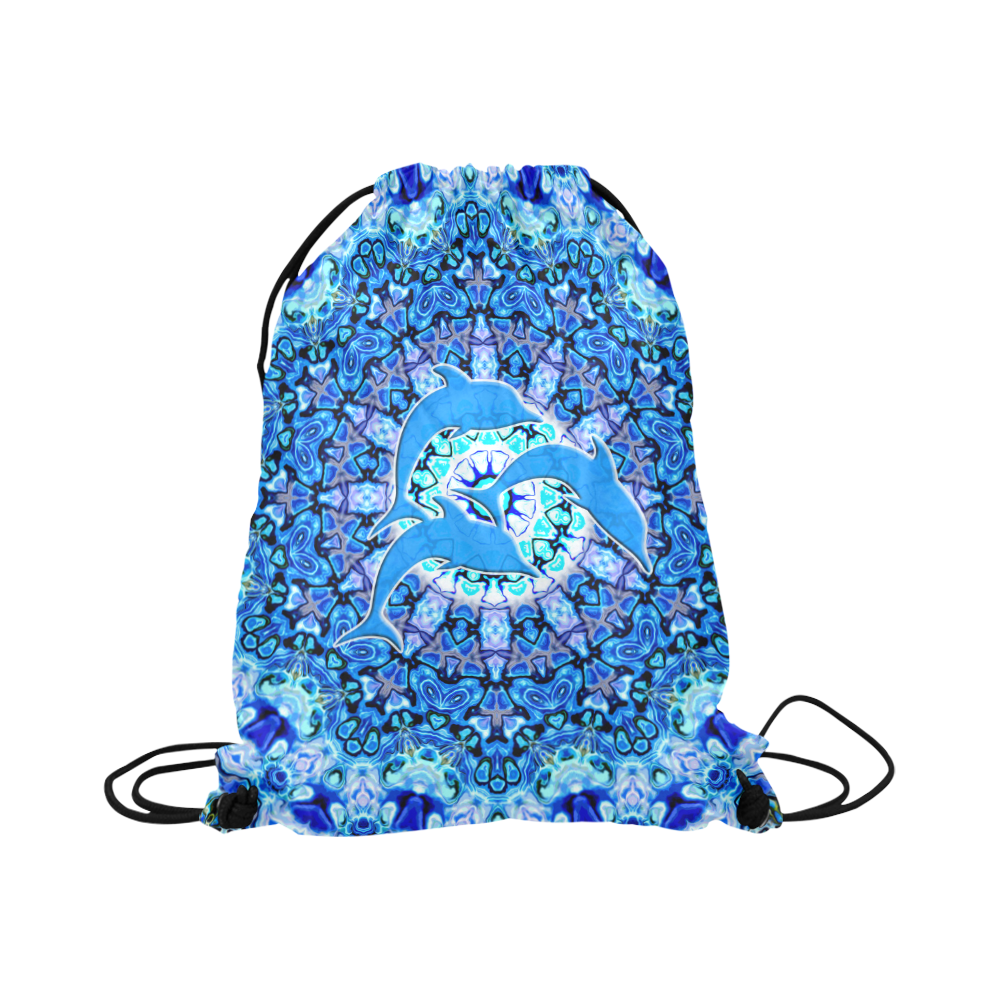 Mandala Magic Blue JUMPING DOLPHINS Large Drawstring Bag Model 1604 (Twin Sides)  16.5"(W) * 19.3"(H)