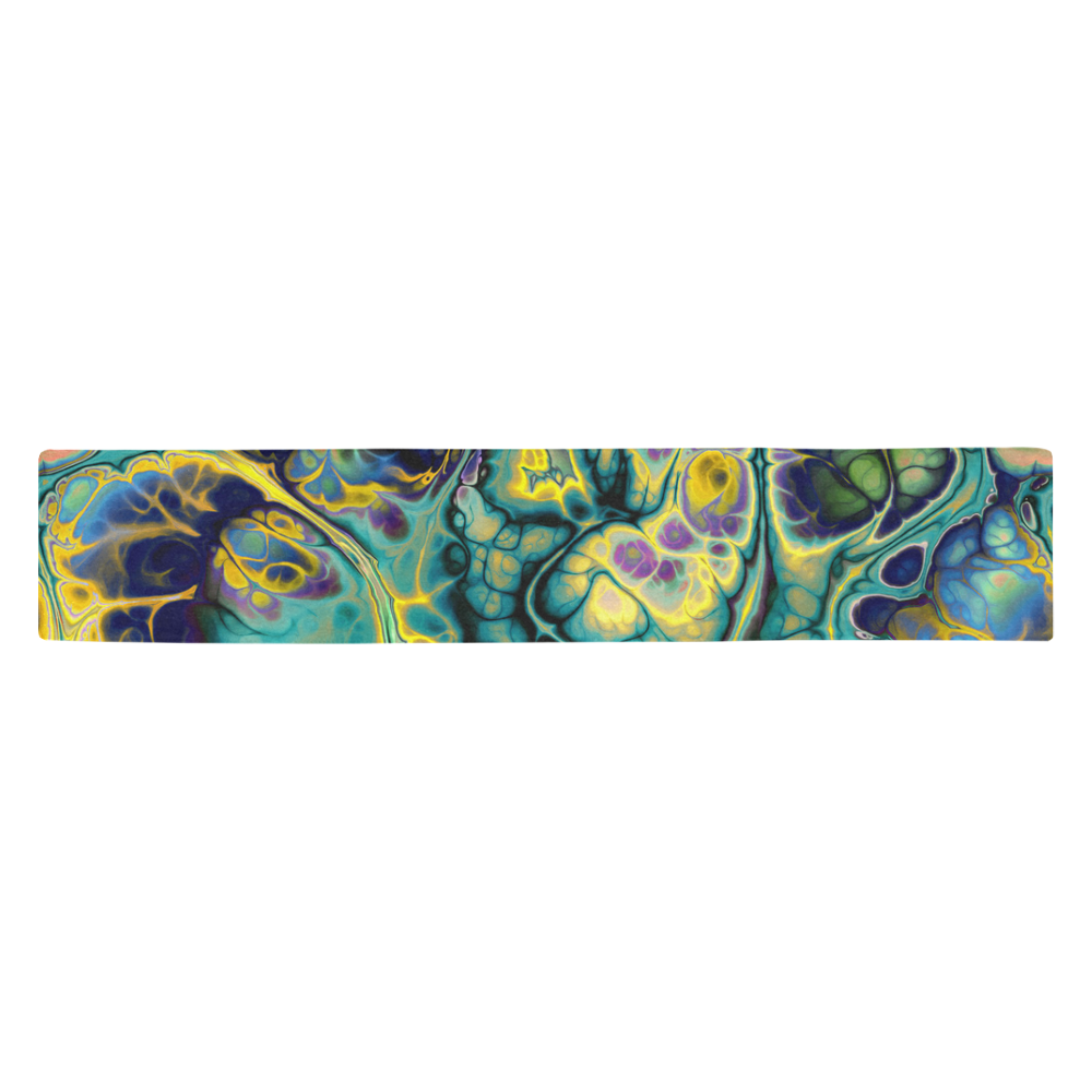 Flower Power Fractal Batik Teal Yellow Blue Salmon Table Runner 14x72 inch