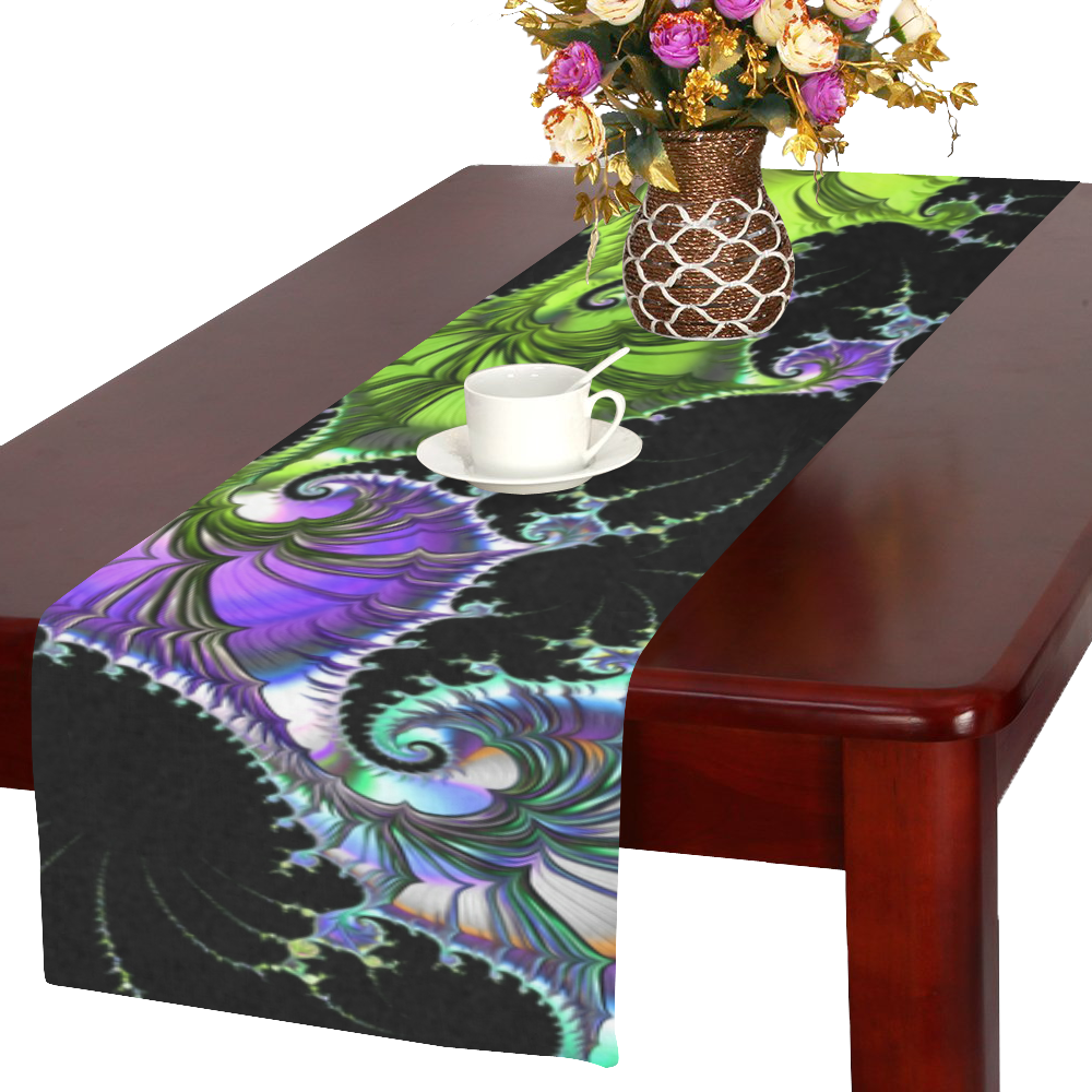 SPIRAL Filigree FRACTAL black green violet Table Runner 16x72 inch