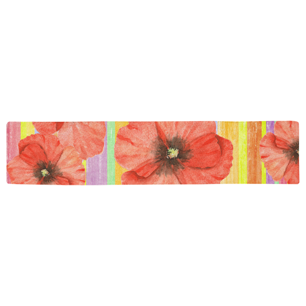 Watercolor STRIPES red POPPIES Blossoms Table Runner 16x72 inch