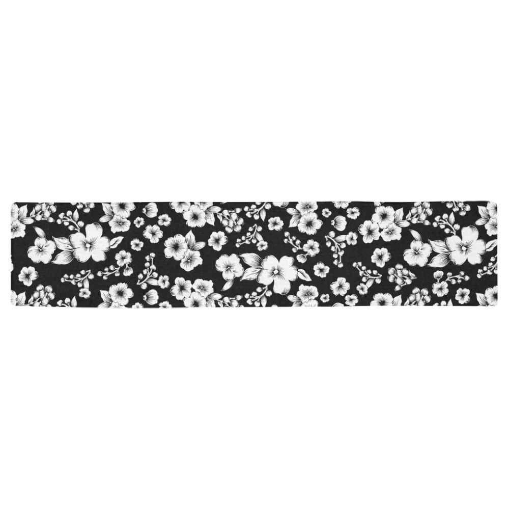 Fine Flowers Pattern Solid Black White Table Runner 16x72 inch