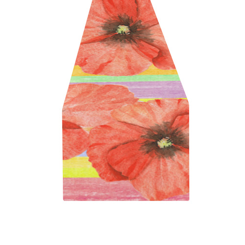 Watercolor STRIPES red POPPIES Blossoms Table Runner 16x72 inch