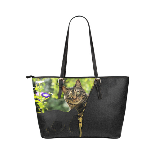 ZIPPER CUTE CAT FLOWERS Leather Tote Bag/Large (Model 1651)
