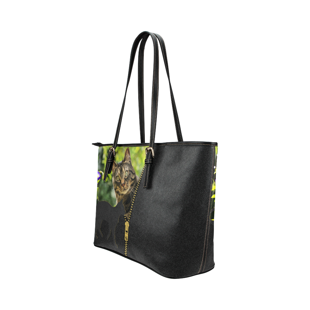 ZIPPER CUTE CAT FLOWERS Leather Tote Bag/Large (Model 1651)