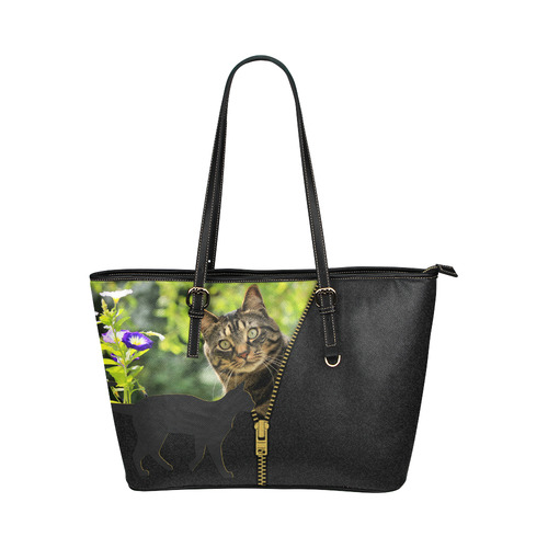 ZIPPER CUTE CAT FLOWERS Leather Tote Bag/Large (Model 1651)