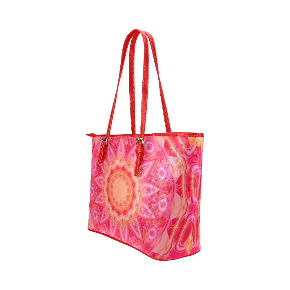 Abstract Flower Pink Orange and Rose Floral Leather Tote Bag/Large (Model 1651)
