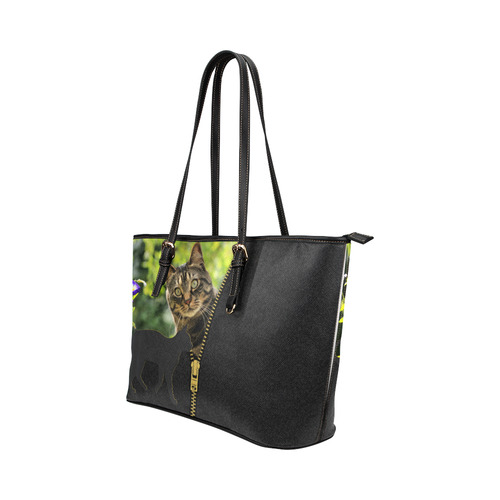 ZIPPER CUTE CAT FLOWERS Leather Tote Bag/Large (Model 1651)