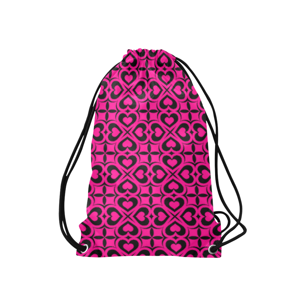 Pink Black Heart Lattice Small Drawstring Bag Model 1604 (Twin Sides) 11"(W) * 17.7"(H)