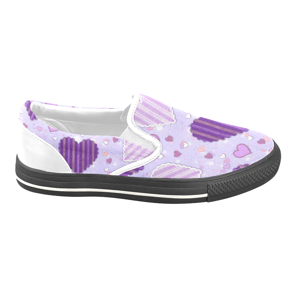 Purple Patchwork Hearts Women's Unusual Slip-on Canvas Shoes (Model 019)
