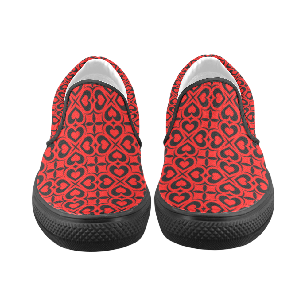 Red Black Heart Lattice Women's Unusual Slip-on Canvas Shoes (Model 019)