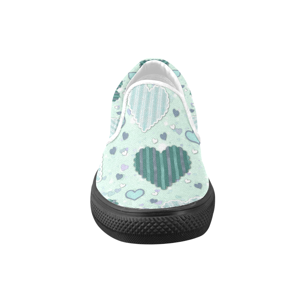 Mint Green Patchwork Hearts Women's Unusual Slip-on Canvas Shoes (Model 019)