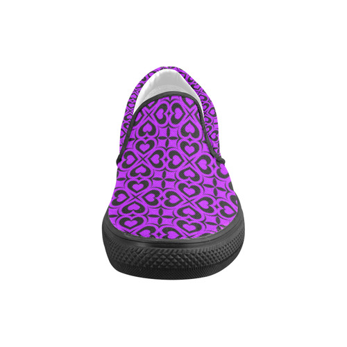 Purple Black Heart Lattice Women's Unusual Slip-on Canvas Shoes (Model 019)