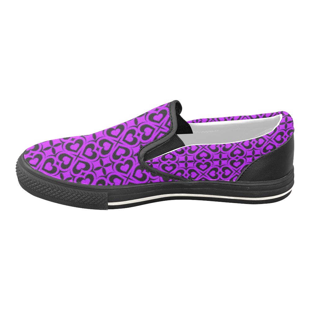 Purple Black Heart Lattice Women's Unusual Slip-on Canvas Shoes (Model 019)