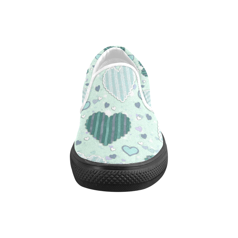 Mint Green Patchwork Hearts Women's Unusual Slip-on Canvas Shoes (Model 019)