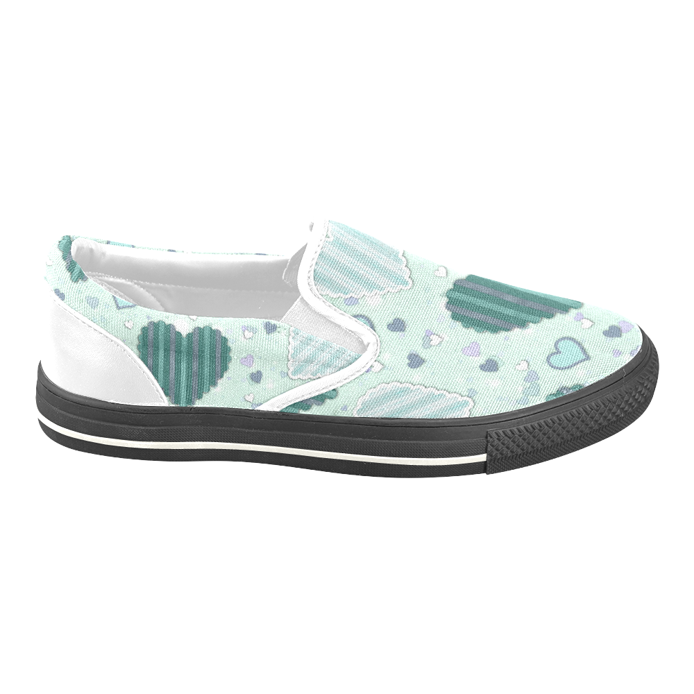 Mint Green Patchwork Hearts Women's Unusual Slip-on Canvas Shoes (Model 019)