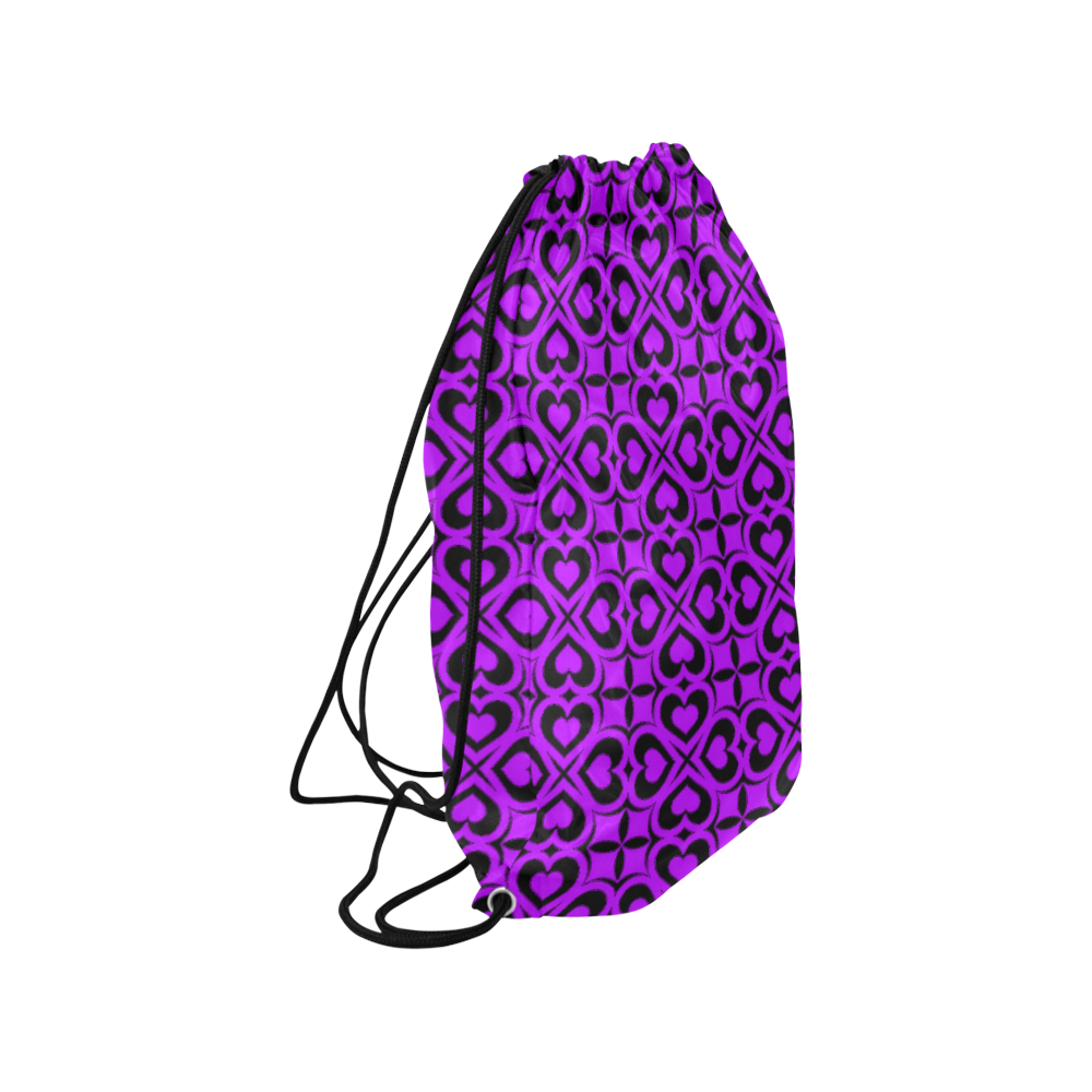Purple Black Heart Lattice Medium Drawstring Bag Model 1604 (Twin Sides) 13.8"(W) * 18.1"(H)